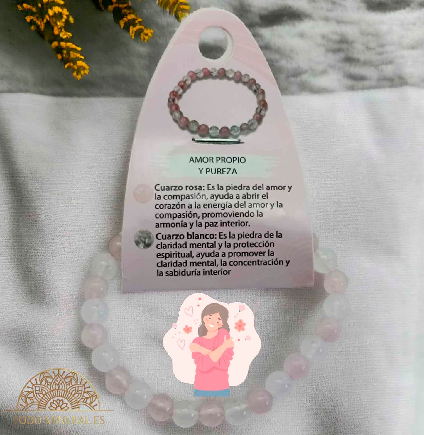 Pulsera Combinada Piedra Cuarzo Rosa y Cuarzo Blanco Para Amor Porpio Y Puereza Piedra De 6 mm - TODOMINERAL