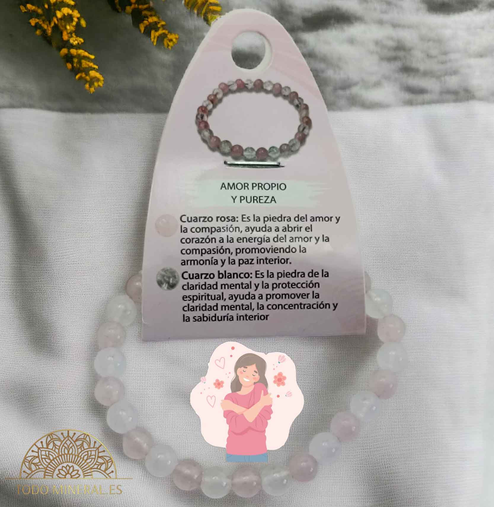 Pulsera Combinada Piedra Cuarzo Rosa y Cuarzo Blanco Para Amor Porpio Y Puereza Piedra De 6 mm - TODOMINERAL