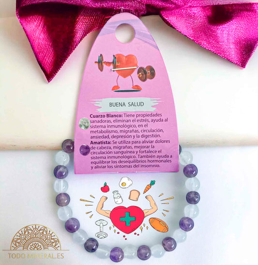 Pulsera Combinada Amatista y Cuarzo Blanco Para Buena Salud Piedra De 6 mm - TODOMINERAL