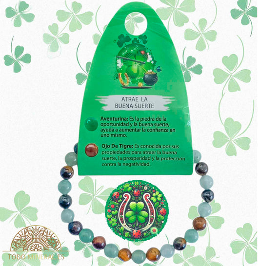 Pulsera Combinada Piedra Aventurina y Ojo De Tigre Para Atraer La Buena Suerte Piedra De 6 mm - TODOMINERAL