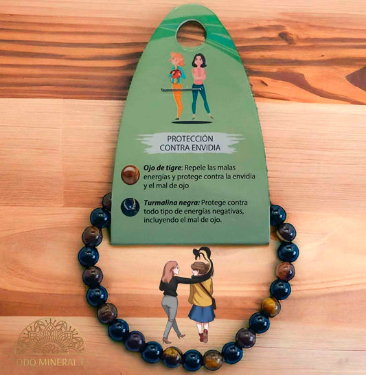 Pulsera Combinada Piedra Turmalina y Ojo De Tigre Para Protección Contra Envidia Piedra De 6 mm - TODOMINERAL