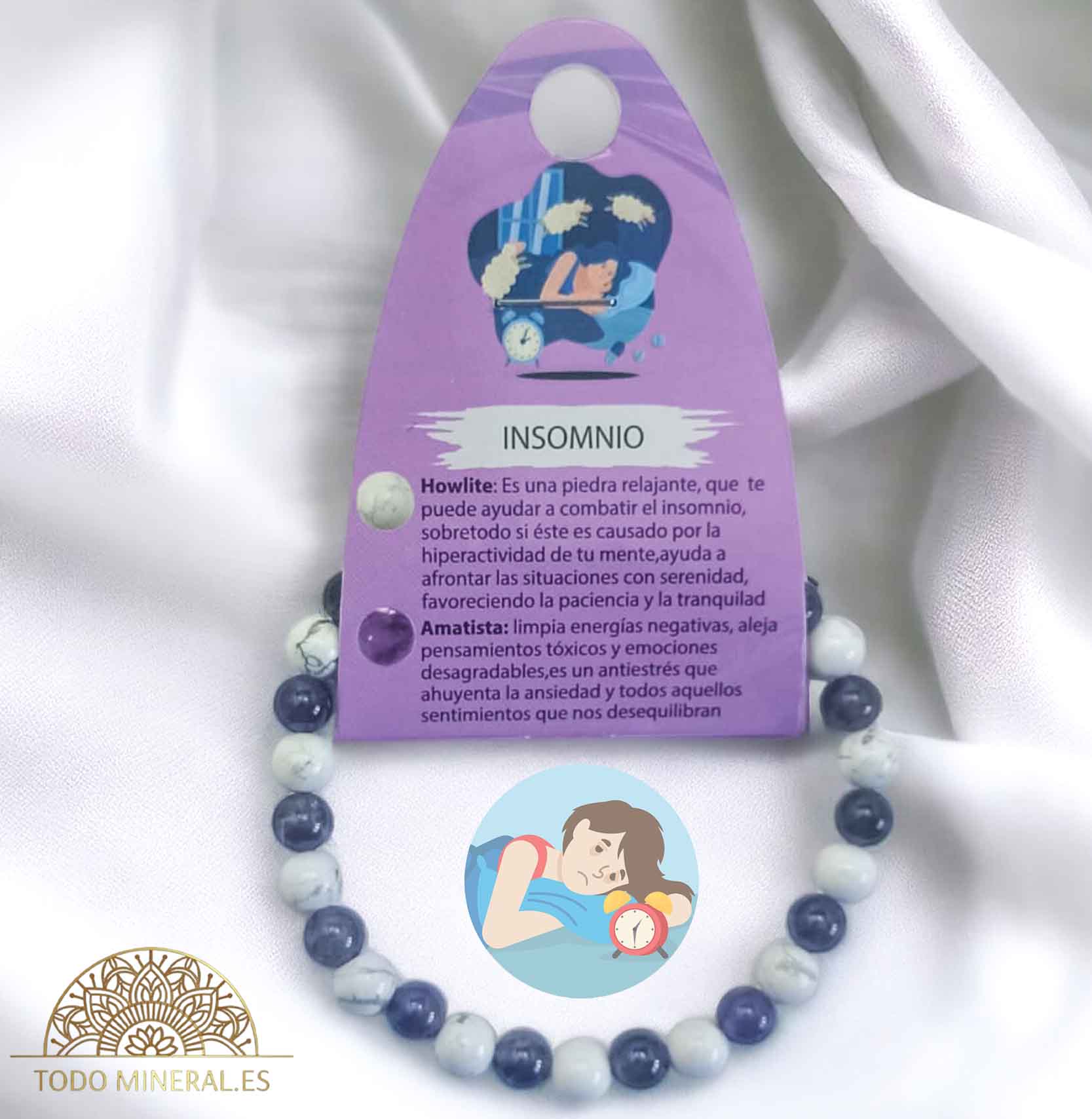 Pulsera Combinada Piedra Amatista y Howlite Para Imsomnio Piedra De 6 mm - TODOMINERAL