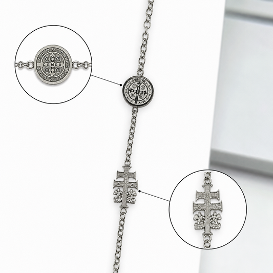 Pulsera Acero Proteccion Dije Medalla San Benito Y Cruz Caravaca 18 Cms Aprox (ELIGE COLOR) PULSERA ACERO