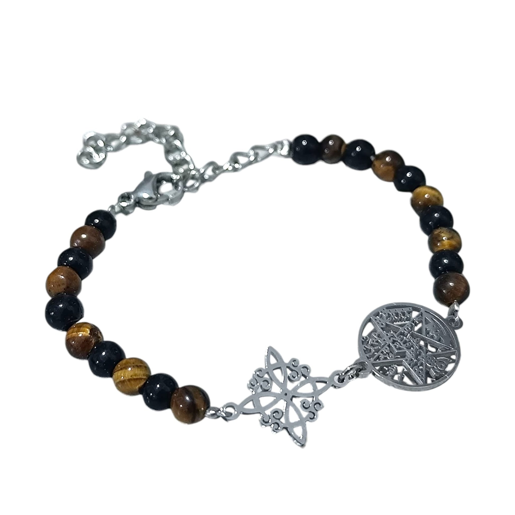 Pulsera Combinada Piedra Turmalina y Ojo De Tigre 4 mm Para Protección Dije Nudo De Brujas Y Tetragramatón Acero tamaño infantil 11,5 cms y cadena extension 5 cms PULSERAS MINERALES