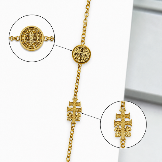 Pulsera Acero Proteccion Dije Medalla San Benito Y Cruz Caravaca 18 Cms Aprox (ELIGE COLOR) PULSERA ACERO